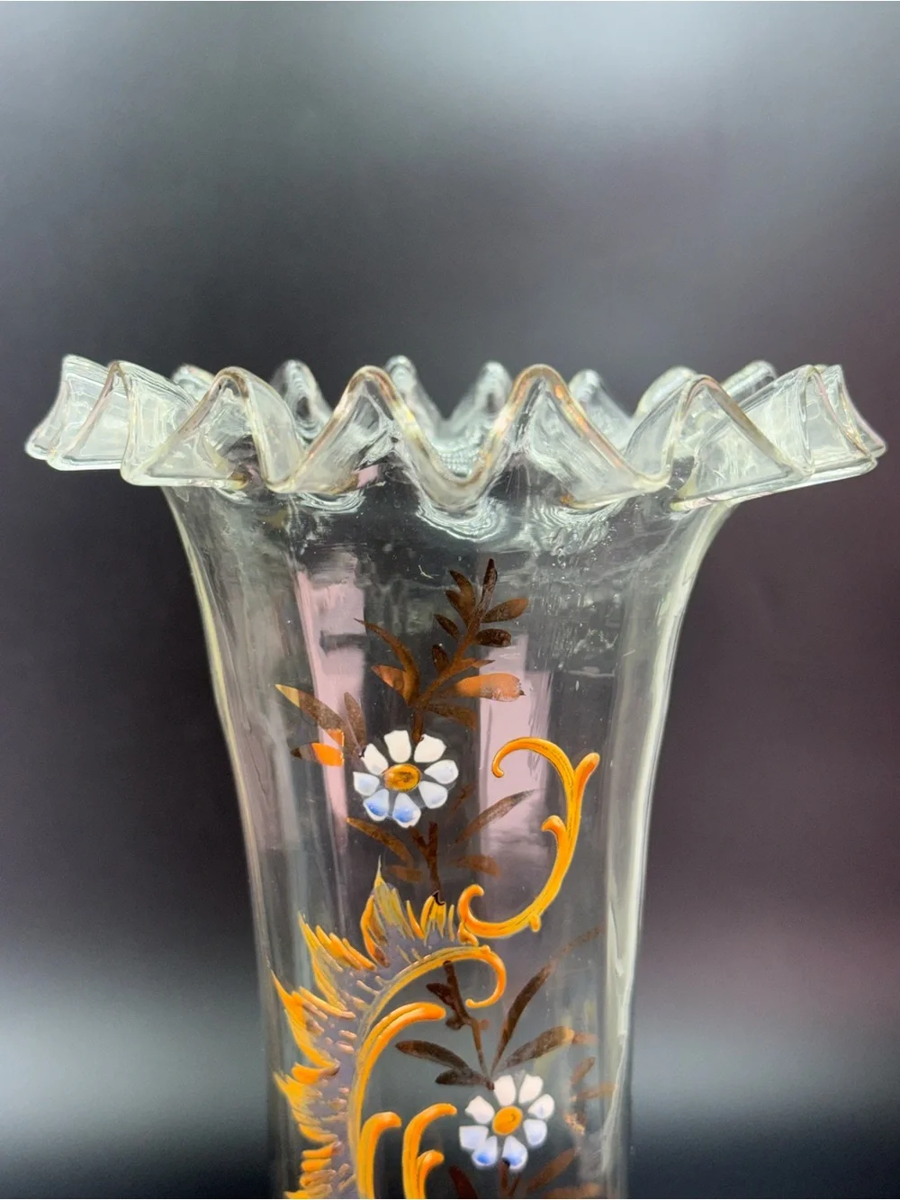 Antique Moser Handblown Handpainted Art Glass Fluted Vase
